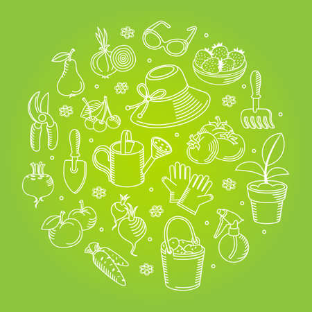 Vector set icons of hand drawn garden tools, vegetables and fruits. Vector illustration. Element for design.  It can be used for decorating of cards, decoration for bags and clothes.のイラスト素材