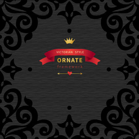 Vector seamless border in Victorian style with hipsters label. Ornate element. Place for text. Dark ornamental pattern for wedding invitations, greeting cards. Traditional floral decor for cover.のイラスト素材