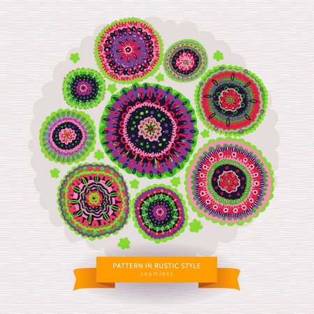 Ornamental circles pattern in folk style. Ethnic floral illustration. Rustic seamless background. It...