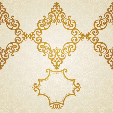 Vector ornate border in Victorian style. Golden floral element for design and place for text. Ornamental pattern for wedding invitations and greeting cards. Traditional golden decor.のイラスト素材