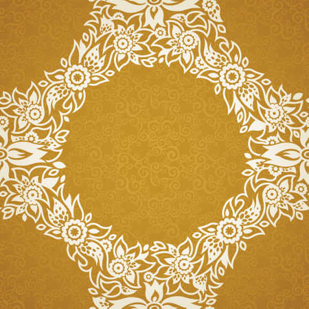 Contrasting seamless pattern with small flowers, curls and leaves. White lace ornament on a gold background. It can be used for wallpaper, pattern fills, web page background, surface textures.のイラスト素材