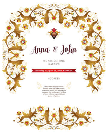 Ornate vintage wedding invitation. Golden floral decor in Eastern style. Template frame for save the date and greeting card, wedding invitation, postcard, leaflet, poster. Vector border with place for text.のイラスト素材