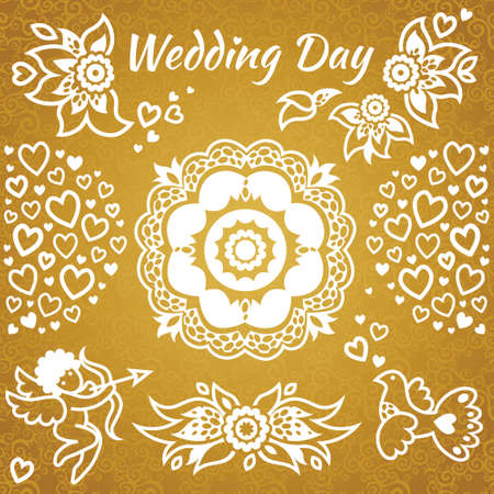 Set of wedding invitation with flowers, hearts, angel and bird. Design elements, designers toolkit. It can be used for decorating of greeting cards, decoration for bags and clothes.のイラスト素材