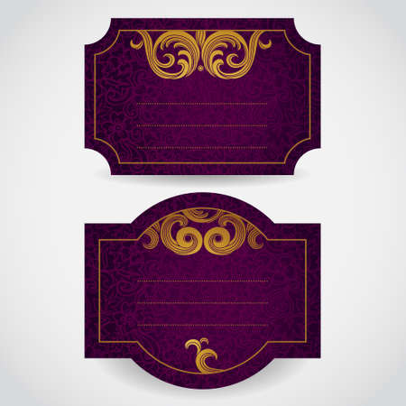 Labels with golden curls. Vintage set of east style backgrounds of scroll work. Template frame design for labels. Golden border. Element for design.のイラスト素材