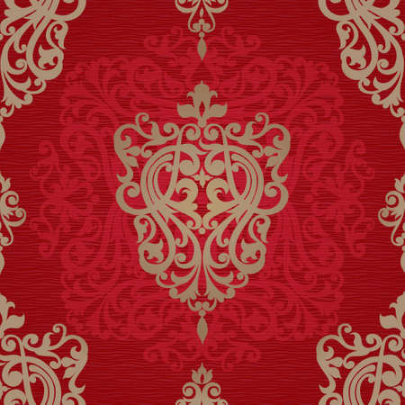Vector seamless pattern in Victorian style. Element for design. Ornamental backdrop. Golden floral ornament on red background. Ornate decor for wallpaper. Endless texture. Deluxe pattern fill.のイラスト素材