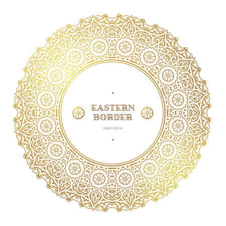 Vector vintage decor; ornate floral round frame for design template.Eastern style golden element. Ethnic decoration. Arabic motifs. Ornamental illustration for invitation, greeting card, background.のイラスト素材