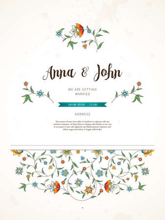 Vector vintage wedding invitation; ornate frame for design template. Eastern style elements. Luxury floral illustration. Place for text.Ornamental decor for greeting card, save the date, background.のイラスト素材