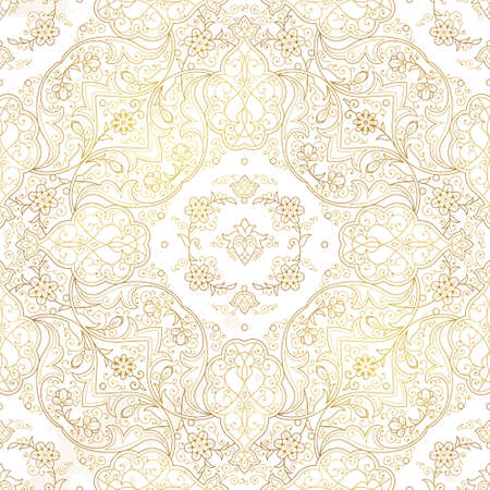 Vintage design element in Eastern style. Vector seamless pattern with floral ornament. Ornamental lace tracery. Golden ornate illustration for wallpaper. Traditional arabic decor on light background.のイラスト素材