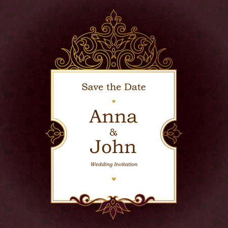 Vector vintage golden frame for ornate design template. Victorian style element. Golden outline floral decor. Luxury motifs. Ornamental illustration for wedding invitation, greeting card.のイラスト素材