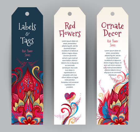 Vector ornate vertical cards in Victorian style. Eastern floral decor. Template vintage frame for card, invitation, thank you message, Valentine's Day greetings. Red labels, tags with place for text.のイラスト素材