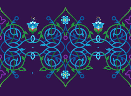 Vector seamless border; ornate floral ornament for flat design template. Eastern style colorful decor. Bright decoration. Arabic motifs. Elegant ornamental illustration for invitation, greeting card.のイラスト素材