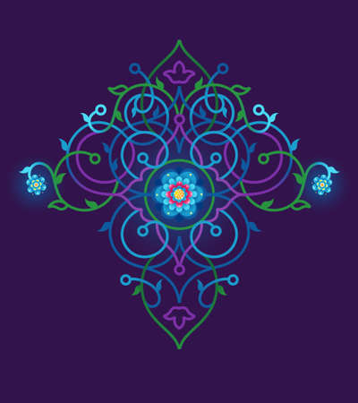 Psychedelic illustration t-shirt design. Vector decor; floral ornament for flat design template. Eastern style colorful element. Arabic motifs. Elegant ornamental decoration for invitation, card.のイラスト素材