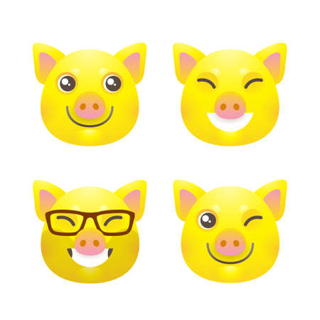 Vector set with a illustrations of kawaii pig, symbol of 2019 on the Chinese calendar on white backdrop. Yellow Earthy Pig. Element for New Year's design. Used for advertising, greetings, discounts.のイラスト素材