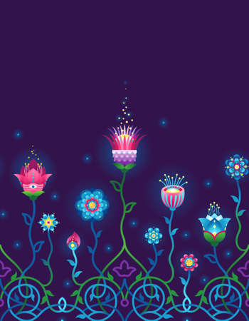Vector seamless border. Psychedelic ornate floral ornament for flat design template. Eastern style colorful pattern. Arabic motifs. Elegant ornamental decoration, flowers in acid colors.のイラスト素材