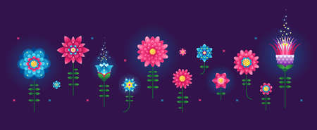 Vector set with fluorescence flowers. Floral geometric illustration.  Luminous blossom isolated on purple backdrop. Acid color elements for fashion prints. Magical flowers in space. Neon colors.のイラスト素材