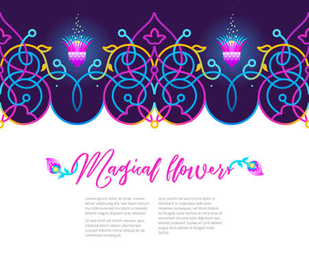 Vector vivid illustration, place for text. Neon seamless border. Acid color frame; floral ornament for frame design. Eastern style element. Arabic morocco motifs, fluorescence decor. Geometric decoration.のイラスト素材