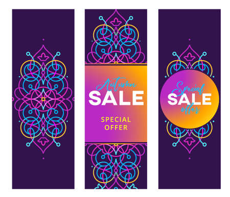 Vector set of autumn sale discount labels with gradient fluorescence decoration. Acid neon color ornament. Vivid template placard design for sale season. Decorated geometric border for time of sales.のイラスト素材