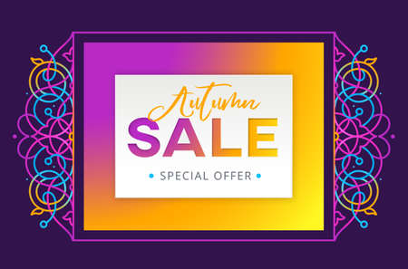 Vector autumn sale discount banner with gradient fluorescence decoration. Oriental acid neon color ornament. Vivid template placard design for sale season. Decorated geometric border for time of salesのイラスト素材