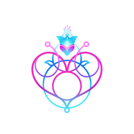 Vector fluorescence emblem with heart, floral decoration. Magic symbol, tattoo design, yoga logo, poster, t-shirt textile print. Isolated illustration. Acid neon color decoration; geometric ornament.のイラスト素材