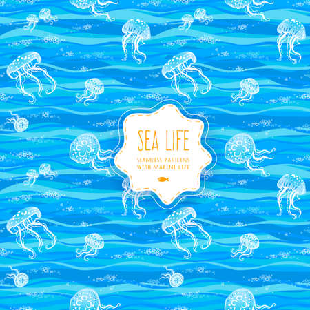 Seamless sea life background with jellyfishes, bubbles, waves. Ornamental tracery lace pattern. Blue marine decor for wallpaper. Vector maritime illustration. Layered, easy to use.のイラスト素材