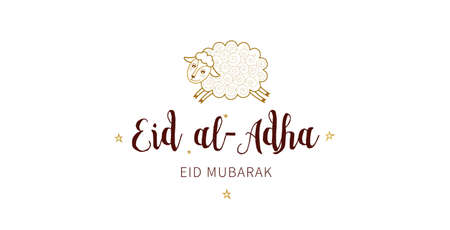Vector muslim holiday Eid al-Adha card. Banner with golden outline sheep, calligraphy for happy...
