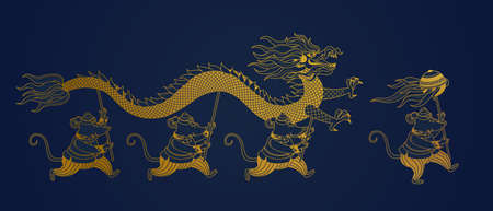 Vector line art golden banner with a illustration of Rat zodiac sign performing a Dragon Dance. White Metal Rat, symbol of 2020 on the Chinese calendar. Chinese elements for New Year's design. Chinese spring festivalのイラスト素材