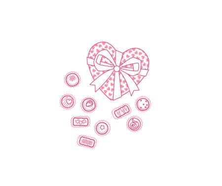 Vector pink box of chocolates with ribbon, isolated. Stylized element for Valentine greeting card, outline icon, romantic symbol. Heart-shaped box for greetings on Valentine 's Day. Ð¡andy heart box.のイラスト素材