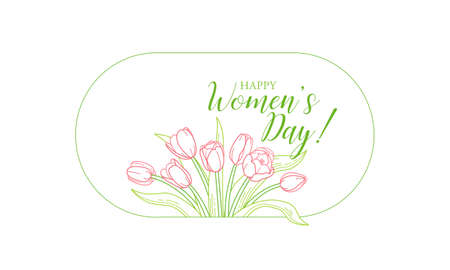 8 March Women Day vector greeting card. Lettering for Happy Woman's Day. Bouquet of blooming spring flowers. Tulip flower. Symbol for Women's Day, Mothers Day. Isolated tulips on white. Springtimeのイラスト素材