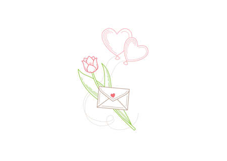 Vector line art illustration of tulip, spring flower, envelope, flying heart shaped balloons. Lineart symbol for Women's Day, Mothers Day, Valentine's Day Of Love. Isolated icon. Design linear artwork element.のイラスト素材