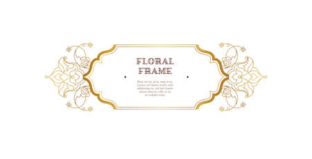 Vector gold lineart frame, vignette, border, monogram design template. Elements in Eastern style. Golden outline floral arabic ornament. Isolated line art ornaments.Gold monoline ornamental decorationのイラスト素材