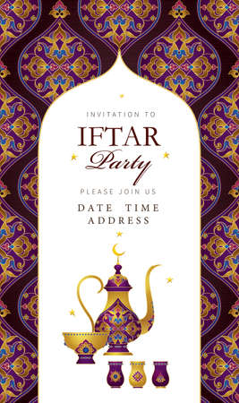 Vector card Iftar Party celebration. Arabic decoration, coffee mug, stars, arch, crescent for Iftar invitation. Cards for Muslim feast of the holy of Ramadan month. Ramadan Kareem. Eastern styleのイラスト素材