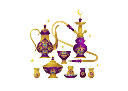 Vector set with arabic elements for Ramadan Greetings, Iftar Party  invitation. Arabic hookah, coffee pot, stars, crescent for Iftar decoration. Muslim feast of the holy of Ramadan month. Ramadan Kareem. Eastern styleのイラスト素材