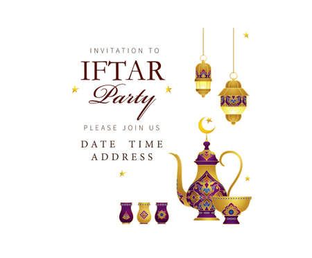 card Iftar Party celebration. Arabic lanterns, decoration, coffee pot, lanterns, crescent for Iftar invitation. Cards for Muslim feast of the holy of Ramadan month. Ramadan Kareem. Eastern styleのイラスト素材