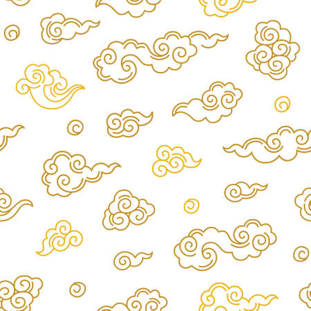 Vector seamless pattern with outline Chinese clouds, design elements, illustration on white background. Cloud. Ð¡hinese traditional ornament. Gold colored, flat design style.のイラスト素材