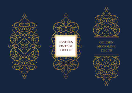 Vector set of line art frames and borders for design template. Elements in Eastern style. Golden outline floral arabic ornament. Isolated line art ornaments. Gold monoline ornamental decoration.のイラスト素材