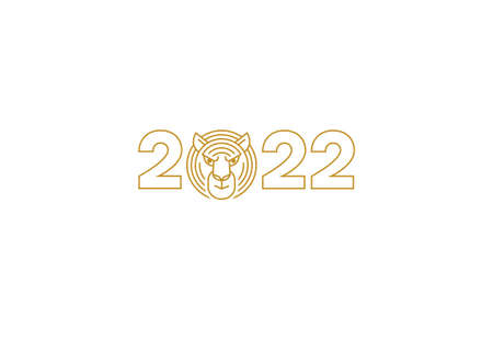 Bright vector banner, poster, card,  element, line art gold illustration of the Tiger Zodiac sign, Symbol of 2022 on the Chinese Lunar calendar, isolated. Blue Water Tiger, Chine Calendar.のイラスト素材