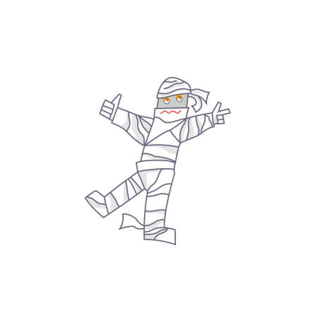 Vector illustration. Friendly cute mummy walking to halloween party. Isolated, on white background. Cheerful, funny mummy. Halloween characters. Happy Halloween!のイラスト素材