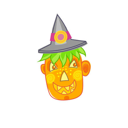 Vector illustration. Cheerful smiling pumpkin. Pumpkin Jack in a witch's hat. Isolated, on white background. Halloween character. Happy Halloween!のイラスト素材