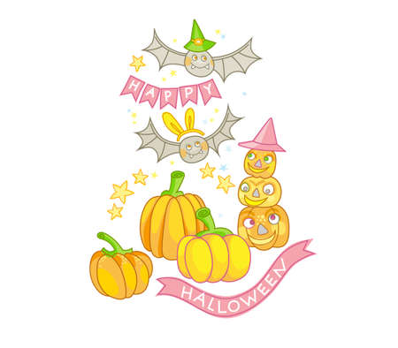 Vector illustration. Set of handdraw pumpkins, fly bats, stars, Pumpkin Jack. Ripe juicy pumpkins, isolated, on white background. Cheerful smiling pumpkin. Halloween character. Happy Halloween!のイラスト素材