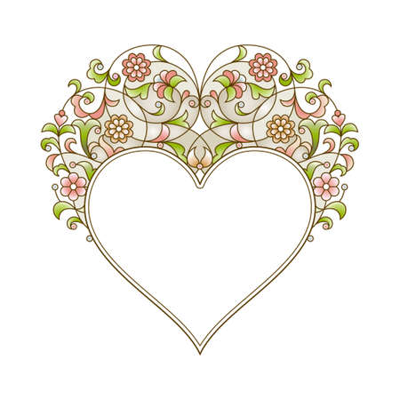Ornate floral vector heart shaped frame in Eastern style. Be My Valentine Illustration. Element for greetings design. Floral decor for invitations, greeting cards, Valentines cards. flower patternのイラスト素材