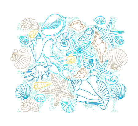 Vector illustration of line art tropical sea elements, seashells, starfish. Doodles of marine life. Sea decor for scrapbook, card, decoration, design. Ocean invertebrates, sea creatures. maritime illustrationのイラスト素材