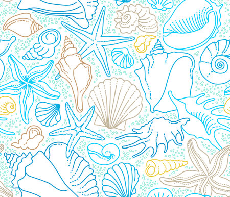 Vector Seamless Pattern Of Line Art Tropical Sea Elements Seashells Seastars Doodles Of Marine Life Sea Decor For Scrapbook Background Decoration Wallpaper Ocean Invertebrates Sea Creatures Maritime Illustrationのイラスト素材