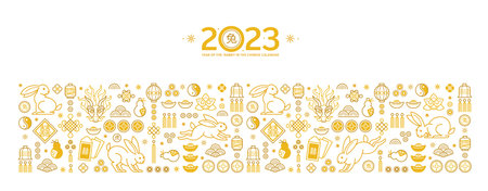 Vector golden pattern, border, frame with outline symbols of the Rabbit Zodiac sign, Symbol of 2023 on the Chinese Lunar calendar. Line art China design, gold elements on white background. Chinese illustration. Chinese translate: Rabbitのイラスト素材
