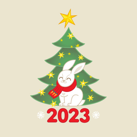 Vector illustration of white rabbit with Christmas tree with Christmas toys. White Bunny. Premade card template. New Year's illustration of the Rabbit. Symbol of 2023 in Lunar calendar.のイラスト素材