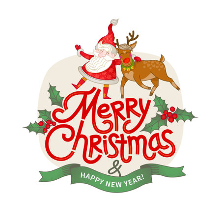Cartoon Santa and Christmas reindeer. Cute vector Christmas characters illustration isolated. Holly berries. santa claus. Lettering Merry Christmas for Christmas cards, Happy New Year banner, labels.のイラスト素材