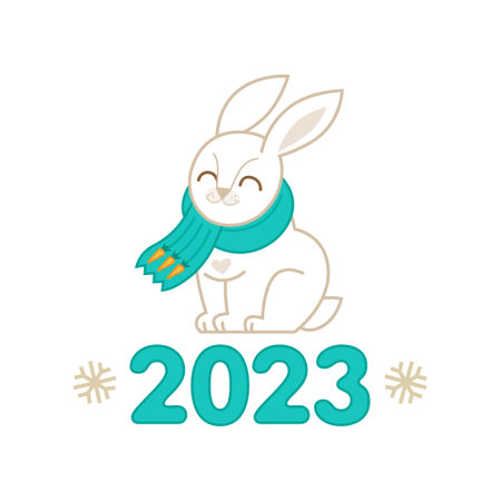 Vector illustration of cute rabbit in scarf. White Bunny. Premade card template. New Year's illustration of the Rabbit. Symbol of 2023 in the Lunar calendar, isolated. Black Water Rabbit 2023のイラスト素材