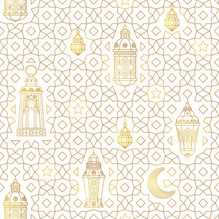 Vector golden seamless pattern with arabic lamps. Gold geometric ornament. Luxury wallpaper in Eastern style. Decoration for background for Muslim feast of the holy of Ramadan month. islamic motifs.のイラスト素材