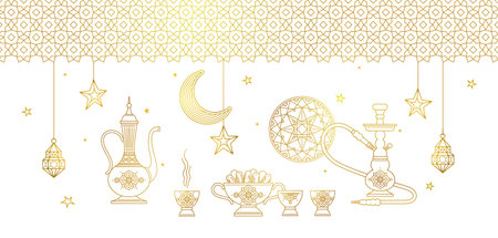 Vector illustration for Iftar party celebration. Gold card with lantern, arabic coffee mug, stars....
