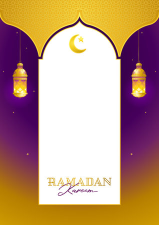 Vector Ramadan Kareem pre-made card. Golden vintage banner with shining lantern for yours Ramadan wishing. Place for greeting text. Islamic background for Muslim feast of the holy of Ramadan month.のイラスト素材