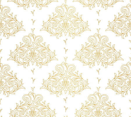 Floral gold seamless pattern. Arabic and Eastern motifs. Ornamental illustration, flower garland. Golden line art ornaments for wallpaper. Traditional ornament, tracery on light background.のイラスト素材